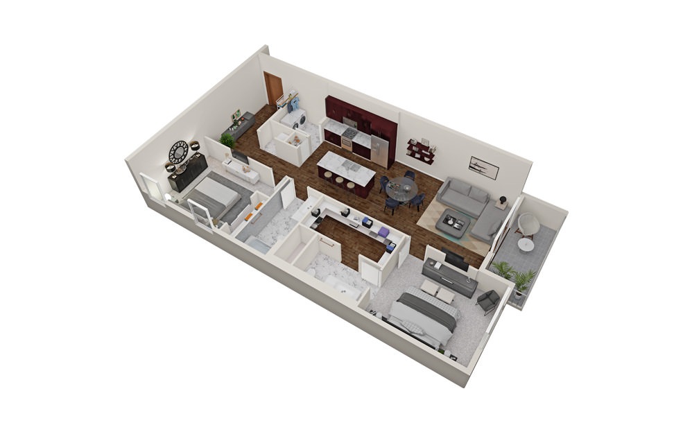 B2 - 2 bedroom floorplan layout with 2 baths and 1224 square feet.