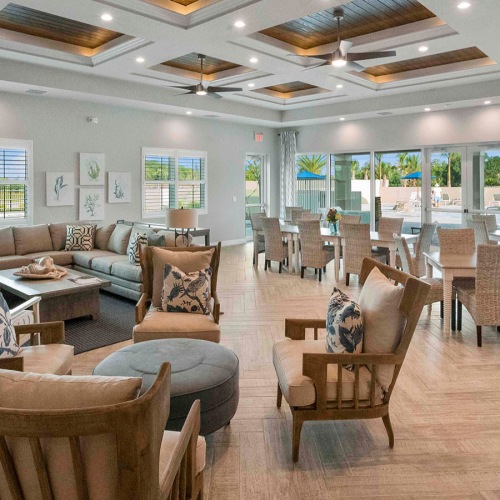 Dedicated gathering areas Inset ceiling with recessed lighting and ceiling fans in resident clubhouse at The Reef at Winkler